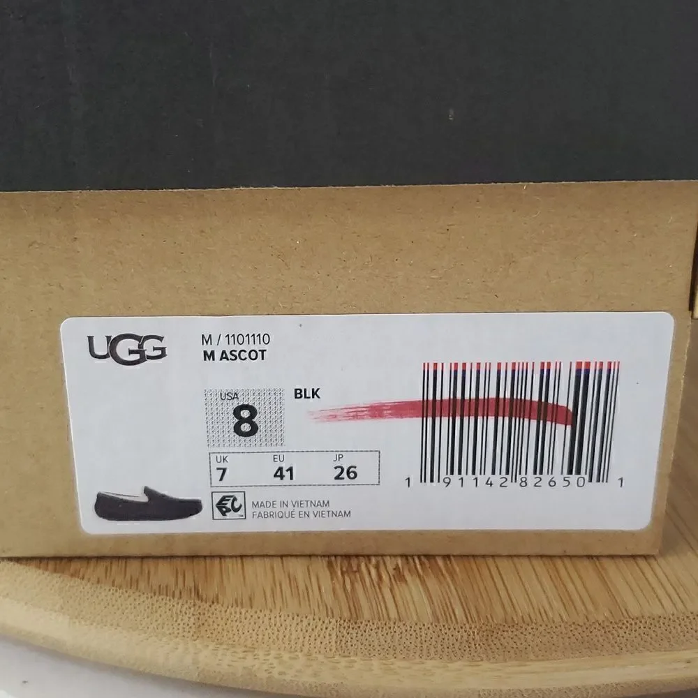 UGG Ascot Slipper Black Suede Wool Comfort Loafer Men's US 8 NIB